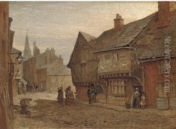 Figures On A Cobbled Street (+ A Church Interior; Pair) Oil Painting - John Fulleylove