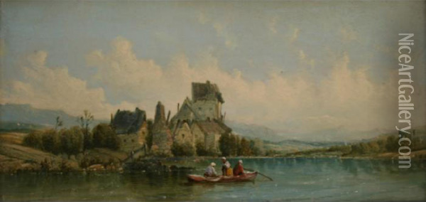 Anglers In A Boat On A River, Houses Beyond Oil Painting - A.H. Vickers