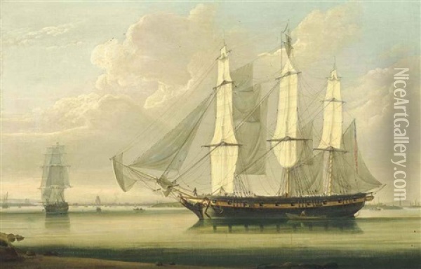 An Armed Packet Drifting Along The Thames Off Woolwich With Galleons Reach Astern Of Her And The East India Dock And Its Masting House Observed Off Her Starboard Bow Oil Painting - Robert Salmon
