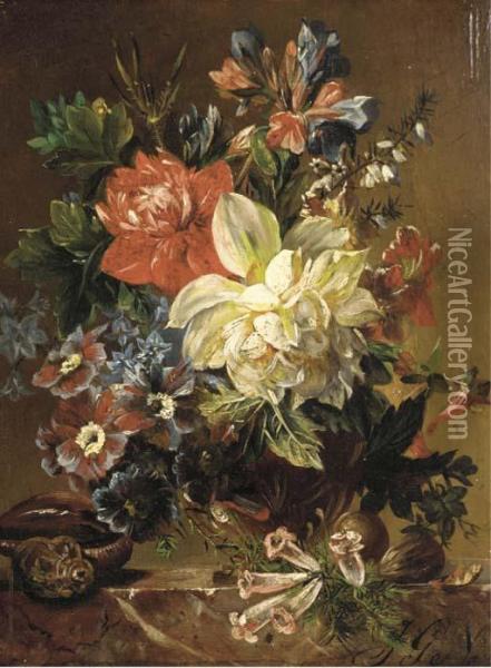 Flowers In A Vase, A Snail And A Nut On A Stone Ledge Oil Painting - Joseph Nigg