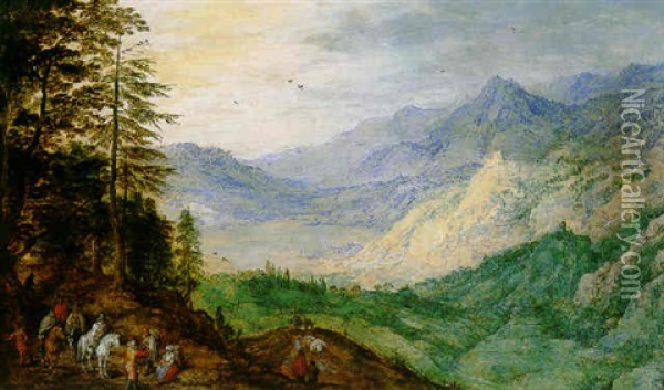 A Mountainous Landscape With Travellers Oil Painting - Joos de Momper the Younger