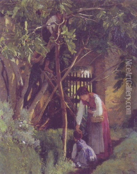 Mor Og Barn I En Pergola Oil Painting - Otto Weber