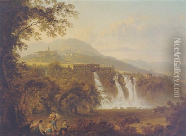 Landscape With A View Of The Temple Of Maecenas And The Falls Of Tivoli Oil Painting - Julius Caesar Ibbetson