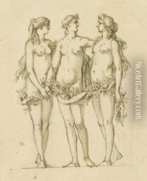Die Drei Grazien. Feder In Schwarz, Grau Laviert, Auf Papier. 8,7 X 7 Cm. Oil Painting - Johann Wilhelm Meil