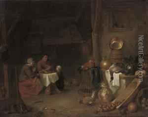 A Kitchen Interior With A Family Seated At A Table Oil Painting - Hendrick Maertensz. Sorch (see Sorgh)