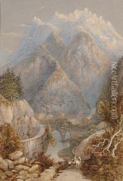Figures On A Path In An Alpine Landscape Oil Painting - George Sidney Shepherd