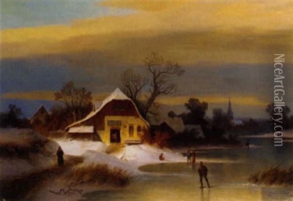 Skaters By A Village In A Winter Landscape Oil Painting - Wilhelm Lichtenheld