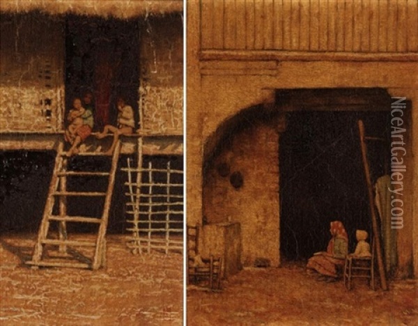 Figures On The Steps Of A Hut In Japan (+ A Courtyard Scene; Pair) Oil Painting - Mortimer Mempes
