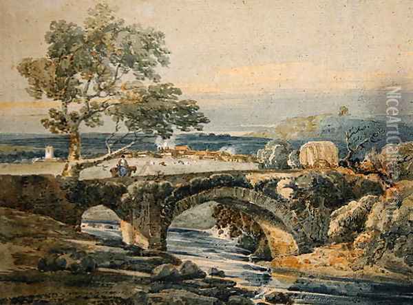 The Old Bridge in Devon Oil Painting - Thomas Girtin
