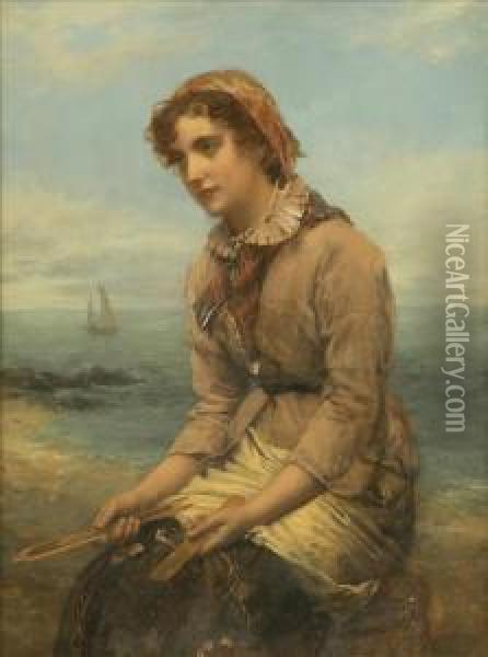 Mending Thenets, Study Of A Fishergirl Oil Painting - William Oliver