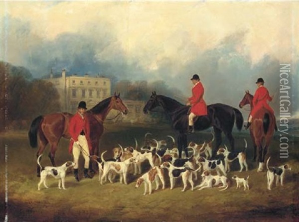 Portrait Of Augustus Cranley Onslow, Master Of The Hampshire Hunt Hounds, N. Cox, Huntsman And George Cox., Whipper In, With Horses And Hounds, Upton House Beyond Oil Painting - Charles Bilger Spalding