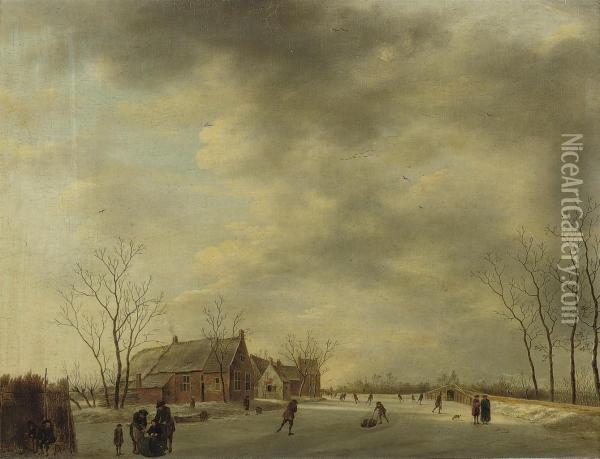 A Winter Landscape With Figures Skating And Sleighing On A Frozenriver, A Bridge And Houses Nearby Oil Painting - Johannes Janson