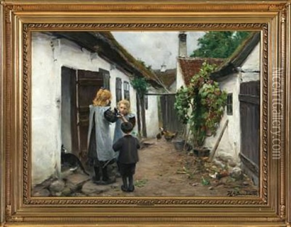 Farm Exterior With Children Playing With A Cat Oil Painting - Hans Andersen Brendekilde