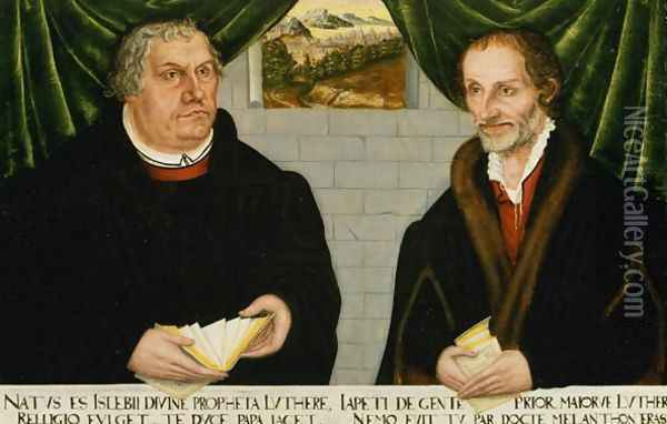 Double Portrait of Martin Luther (1483-1546) and Philip Melanchthon (1497-1560) Oil Painting - Lucas The Younger Cranach