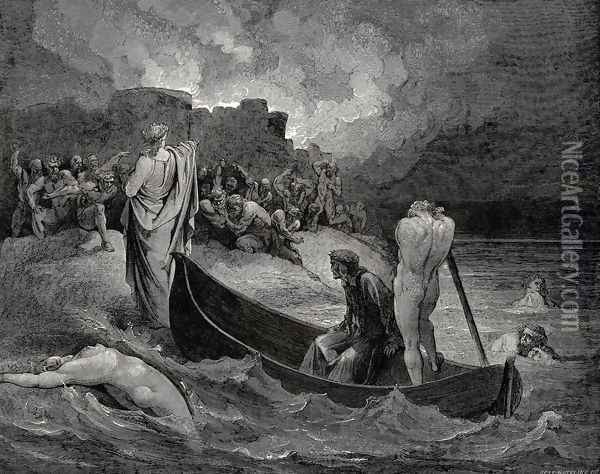 The Inferno, Canto 8, lines 110-111: I could not hear what terms he offer'd them, But they conferr'd not long Oil Painting - Gustave Dore