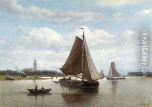 Ships At Low Tide With A Village Beyond Oil Painting - Johan Adolph Rust