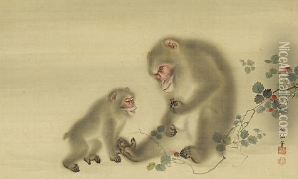Untitled (two Monkeys Beside A Trailing Fruiting Vine Of Kiichigo (japanese Raspberry)) Oil Painting - Sosen Mori