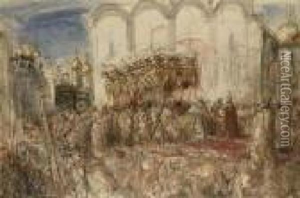 Kroning Czaar: Czar Nicolaas Ii After The Crowning In 1896,moskou Oil Painting - Marius Bauer