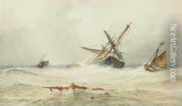 Caught In A Squall Off Shore Oil Painting - Frederick James Aldridge