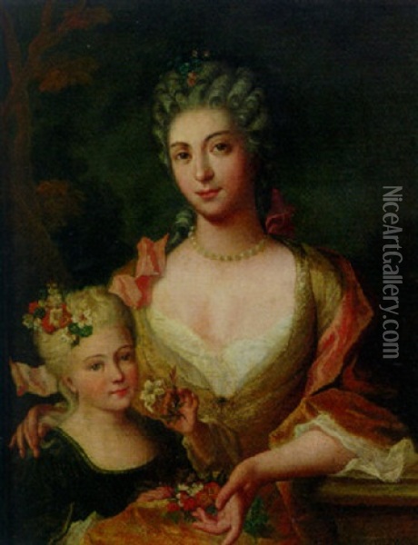 Portrait Of A Lady In A Yellow Dress With Flowers In Her Lap With Her Daughter Oil Painting - Gilles Allou