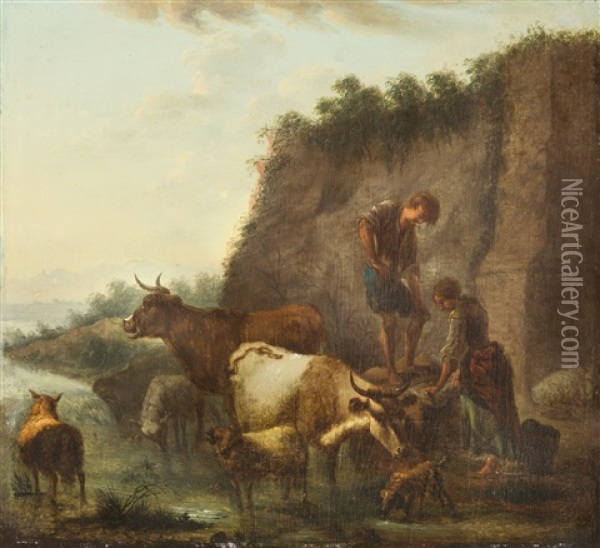 Pendants: Hirten Und Vieh In Hugeliger Landschaft Oil Painting - Johann Heinrich Roos