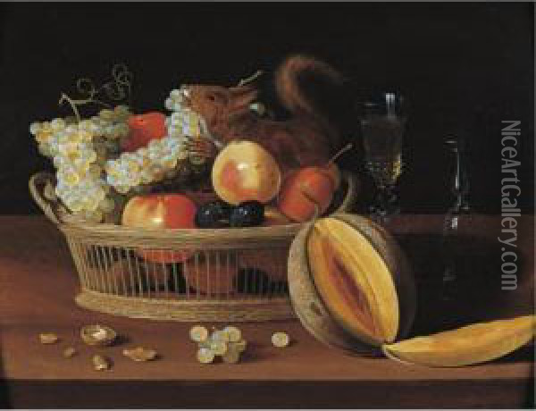 A Still Life Of A Basket Of Fruit With A Squirrel, Glasses, And A Melon On A Tabletop Oil Painting - Jacob Fopsen van Es