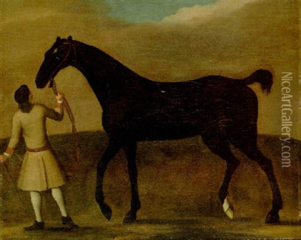 A Dark Bay Or Black Racehorse Held By A Groom Oil Painting - James Seymour