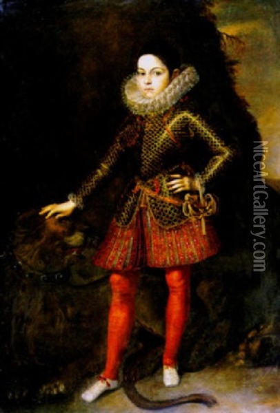 Herrscherbildnis Eines Knaben In Ganzer Figur Mit Lowen Oil Painting - Juan Pantoja de la Cruz