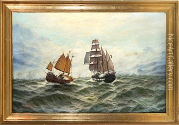 Marine With A Junk And A Ship Of The Line In A Battle Oil Painting - Max Schroeder-Greifswald the Younger