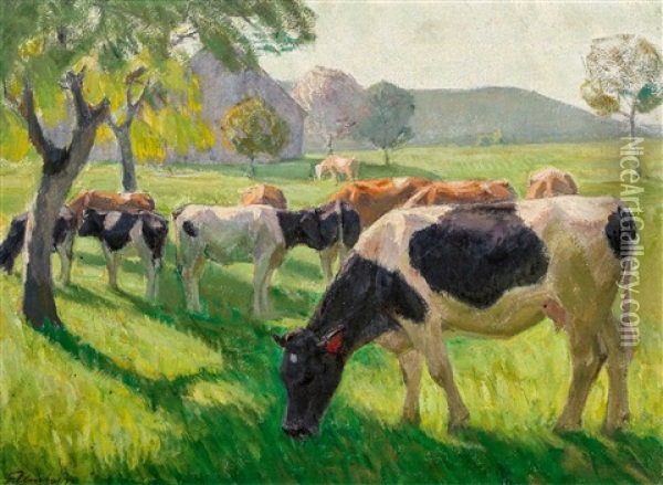 Fleckvieh Auf Weide (mit Schlagschatten) Oil Painting - Franz Jakob Elmiger