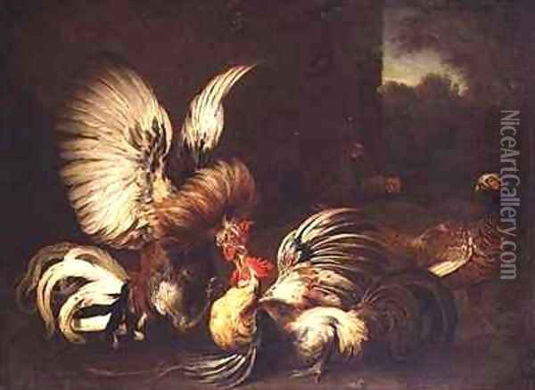 Cocks Fighting in a Farmyard Oil Painting - Alexandre-Francois Desportes