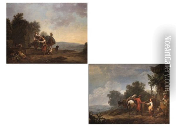 Landschaften Mit Personenstaffage (+ Pferd Und Eseln; Pair) Oil Painting - Philip James de Loutherbourg