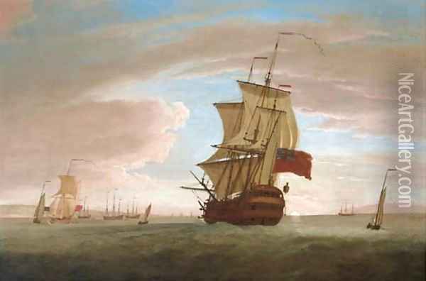 The flagship joining the fleet at its anchorage at sunset, probably the Medway Oil Painting - Peter Monamy