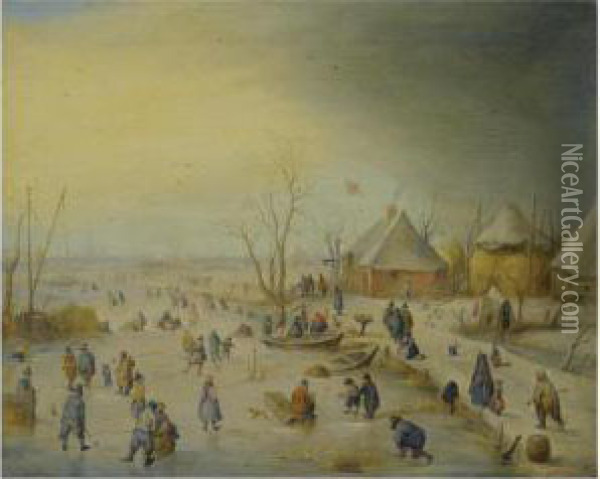 A Winter Landscape With Kolf 
Players, Skaters And Numerous Otherfigures On A Frozen River Near An 
Inn, An Extensive Landscapebeyond Oil Painting - Hendrick Avercamp