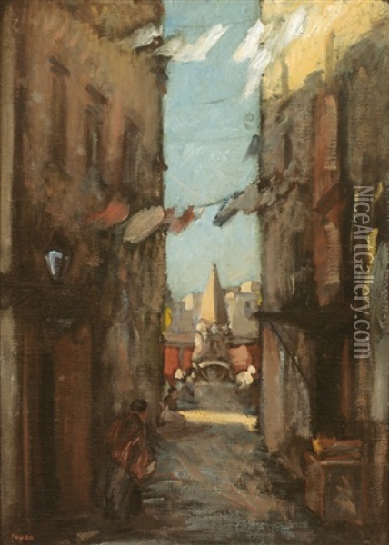 Gasse In Neapel, Mit Durchblick Auf Platz Mit Obelisk Und Brunnen Oil Painting - Amandus Faure