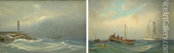 Barque De Peche (+ Entree De Port; Pair) Oil Painting - Francois Gautier