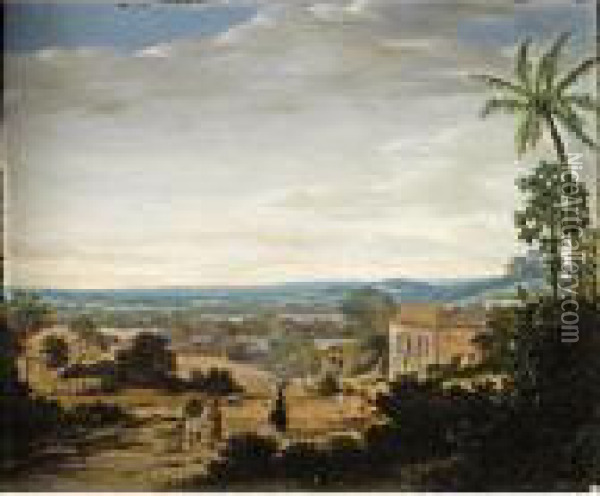 A Brazilian Landscape, With Natives And Slaves Near A Plantation House In A Village Oil Painting - Frans Jansz. Post