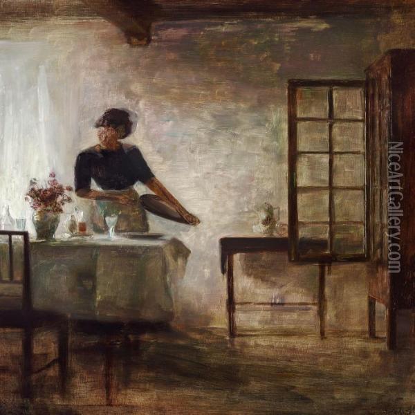Interior With The Artist's Wife Standing At The Lunchtable Oil Painting - Carl Vilhelm Holsoe