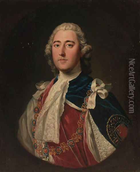 Portrait of a gentleman, quarter-length, in Garter robes, feigned oval Oil Painting - Thomas Hudson