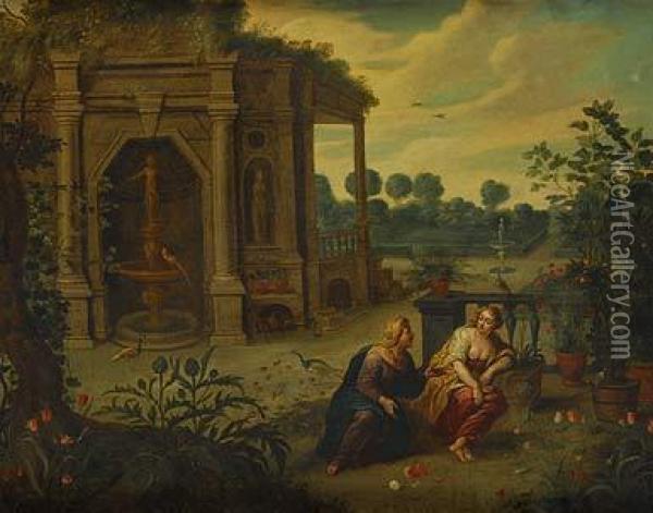 Vertumno Y Pomona En Un Jardin Con Capricho Arquitectonico Oil Painting - Jan van Kessel