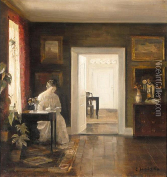 Interior Med En Kvinde Der Laeser (interior With A Woman Reading) Oil Painting - Carl Vilhelm Holsoe