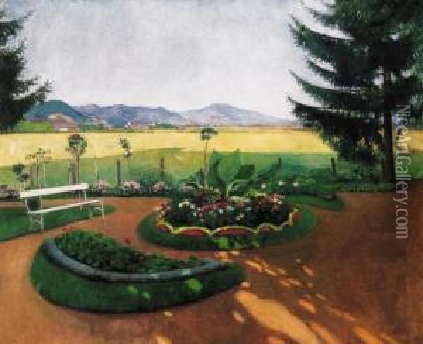 Shadowy Park With The Sunlit View Of Nagybanya In The Background Oil Painting - Janos Krizsan