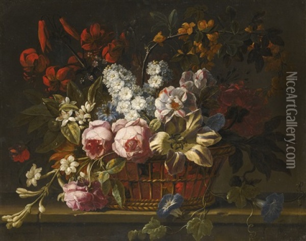 Still Life Of Pink Roses, Tulips, Hyacinths, Jasmine And Other Flowers Loosely Arranged In A Wicker Basket, All Upon A Stone Ledge Oil Painting - Gaspar Pieter Verbrueggen the Elder