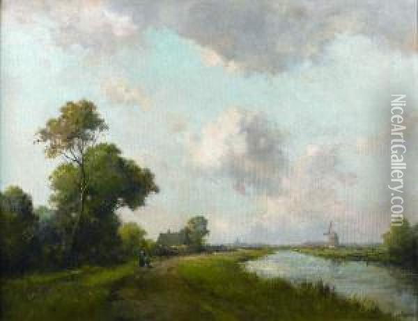 Vue D'un Canal En Hollande Oil Painting - Jan Van Der Linde