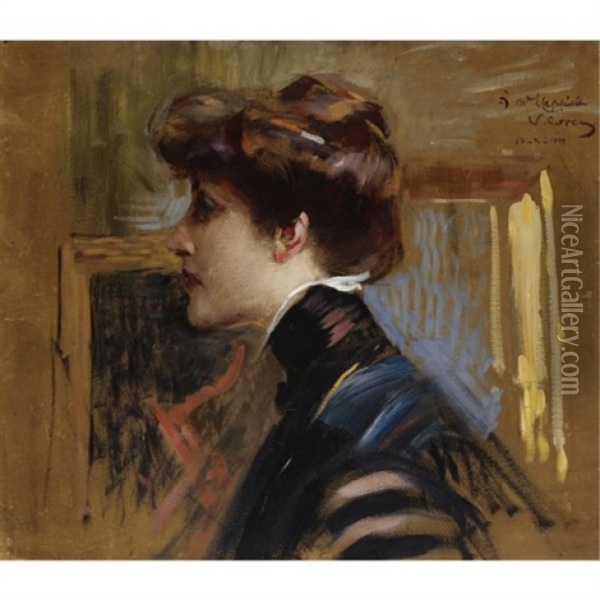 Portrait Of Madame Capiello (+ Interior Sketch; Verso) Oil Painting - Vittorio Matteo Corcos