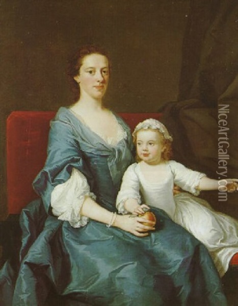 A Mother, An Apple In Her Right Hand, Her Young Daughter Seated Beside Her Oil Painting - Joseph Highmore