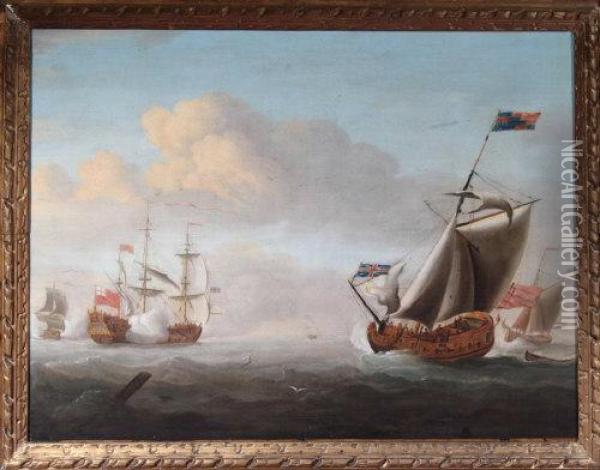 The Flagship Of A Rear-admiral Of The Red Saluting A Yacht Oil Painting - Francis Swaine