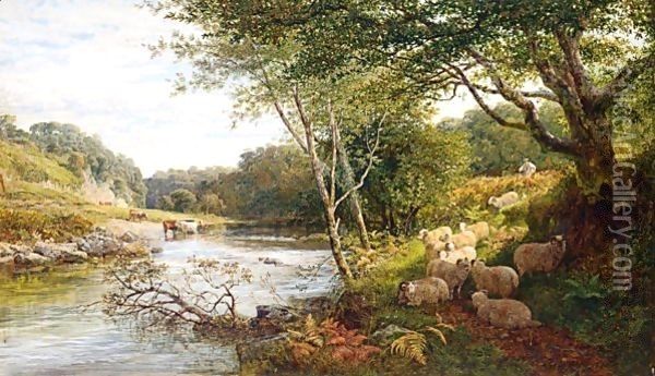 A Shepherd And Sheep On A Bank By A River, Cattle Watering Beyond Oil Painting - George Shalders