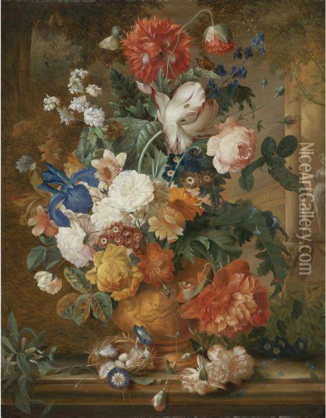 Peonies, Roses, Carnations, An Iris, Anemones, Auricula And Otherflowers In A Terracotta Vase, With Orange Blossoms, Morning Gloryand A Bird's Nest On A Marble Ledge, A Colonnade Beyond Oil Painting - Melanie de Comolera