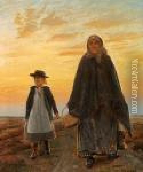 Evening In Skagen With Elsie Walking With A Little Girl Oil Painting - Michael Ancher